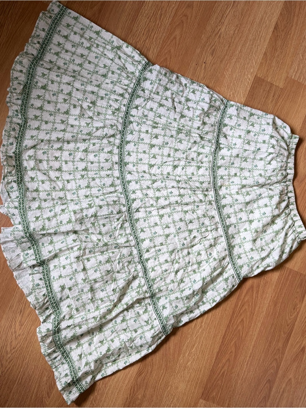 Max Studio White Maxi Skirt with Green Floral Border Print